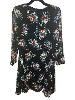 Zara Black Floral Print Mini Dress with Sheer Sleeves Size L